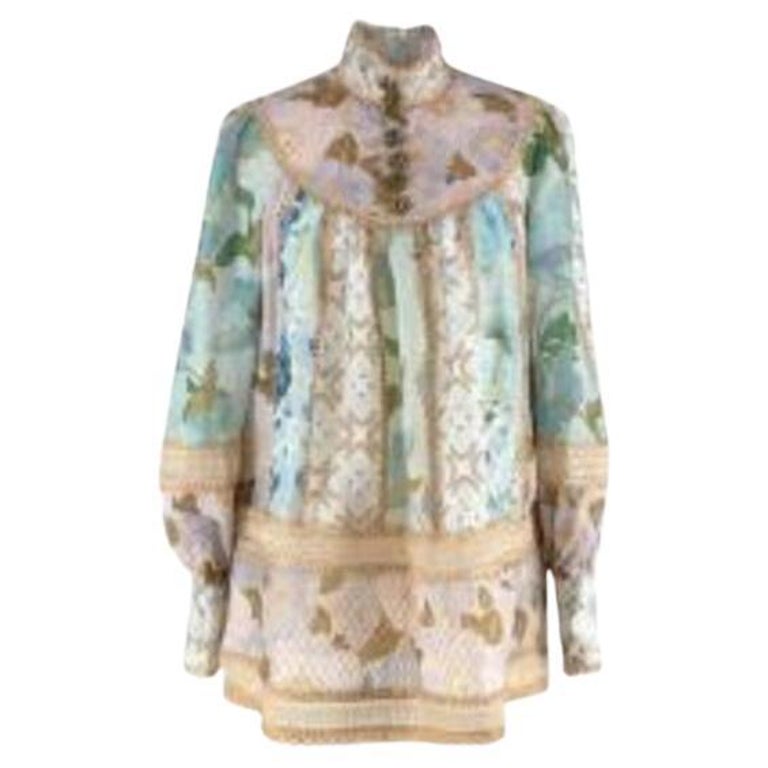 Floral Print and Gold Embellished Linen and Silk Blouse For Sale at 1stDibs