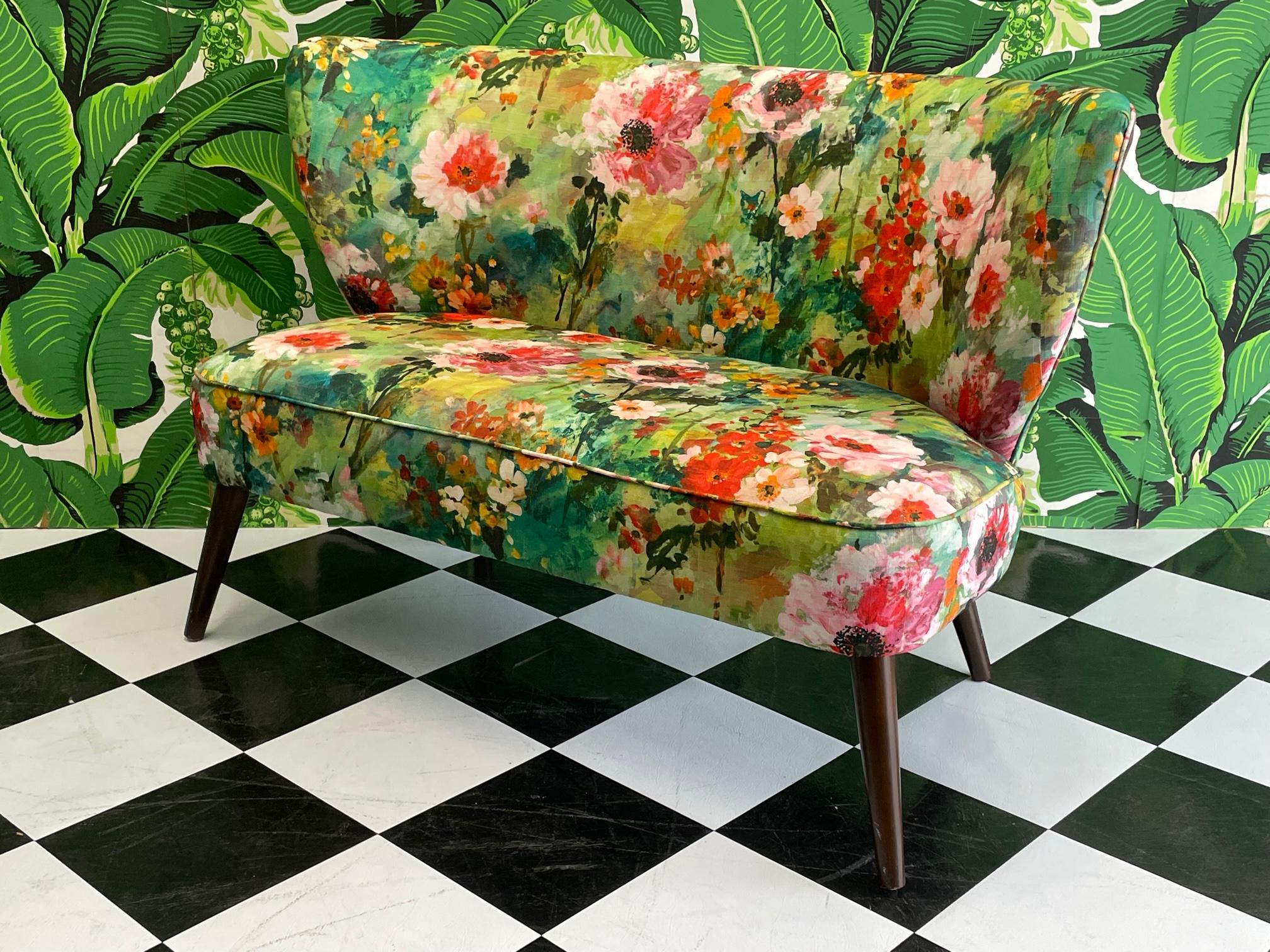 Hollywood Regency Floral Print Mid Century Style Settee For Sale