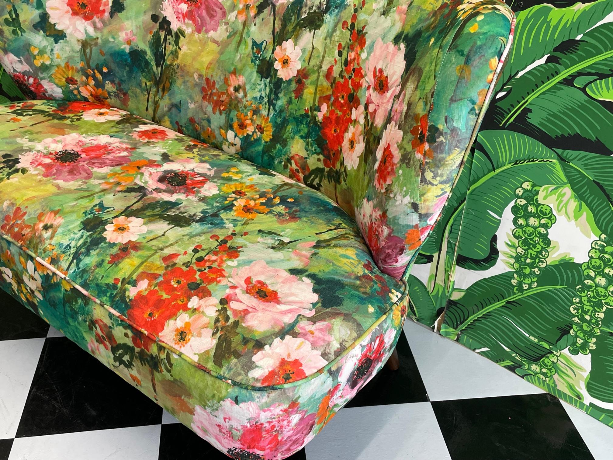 20th Century Floral Print Mid Century Style Settee For Sale