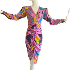 Floral Print Silk Puff Long Sleeve Ruched Dress - Flora Kung NWT