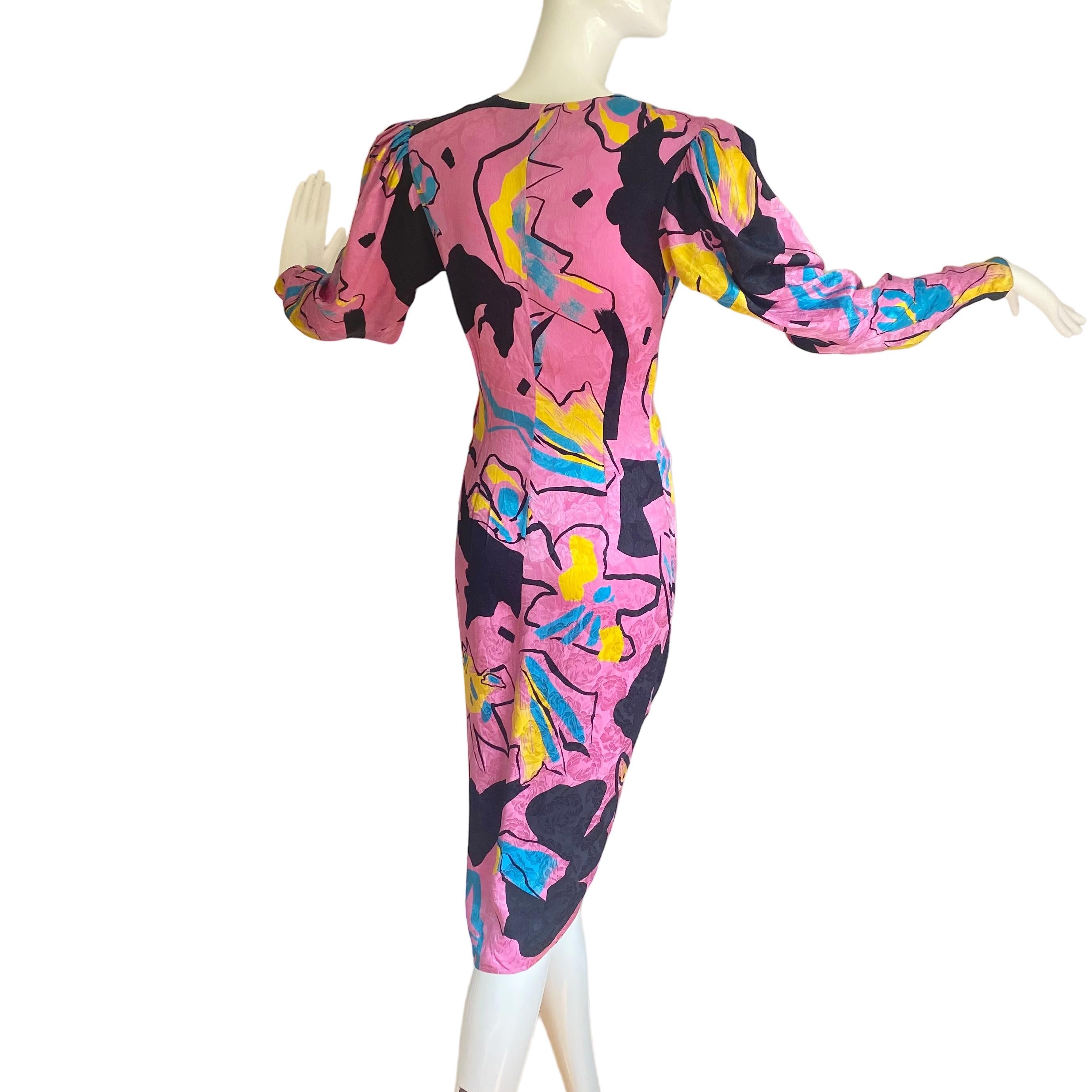 Floral Print Silk Puff Long Sleeve Ruched Dress - Flora Kung NWT In New Condition For Sale In Boston, MA