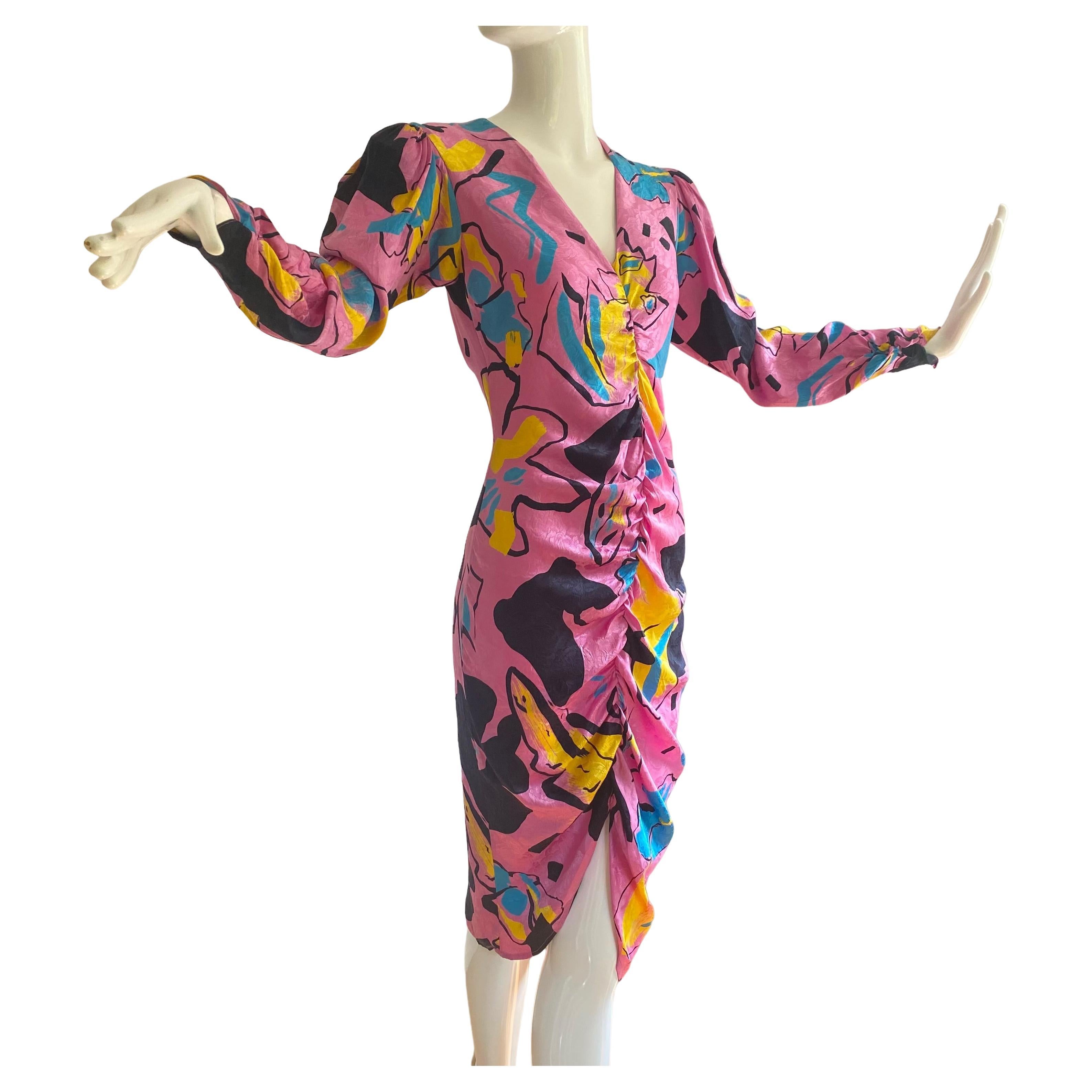Floral Print Silk Puff Long Sleeve Ruched Dress - Flora Kung NWT For Sale