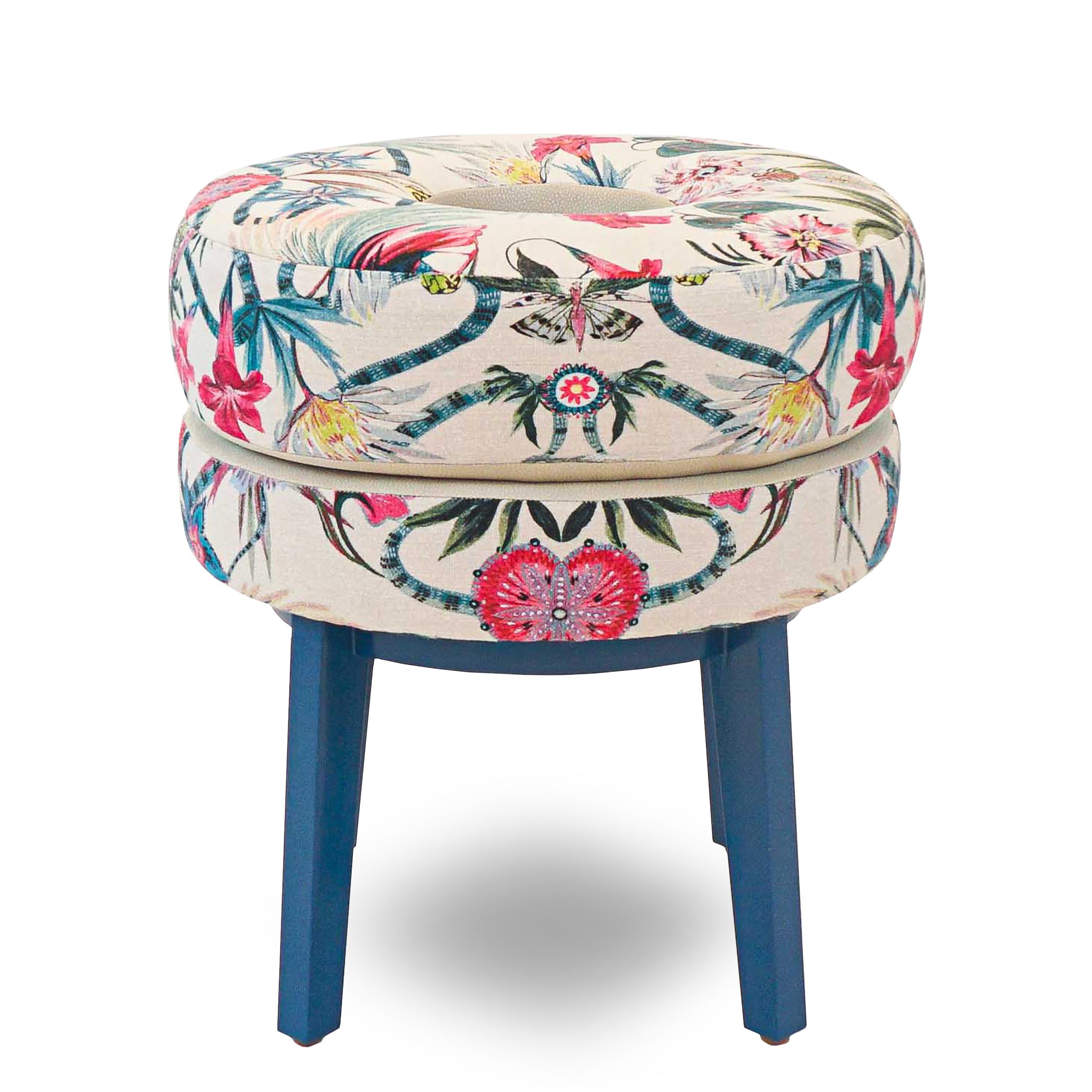 Small round stool upholstered in a Matthew Williamson woven with a colorful Menagerie print. Made with poplar wood, legs are lacquered in a vibrant blue. Sturdy base with a comfortable foam cushion seat, they are great for all ages. Check for