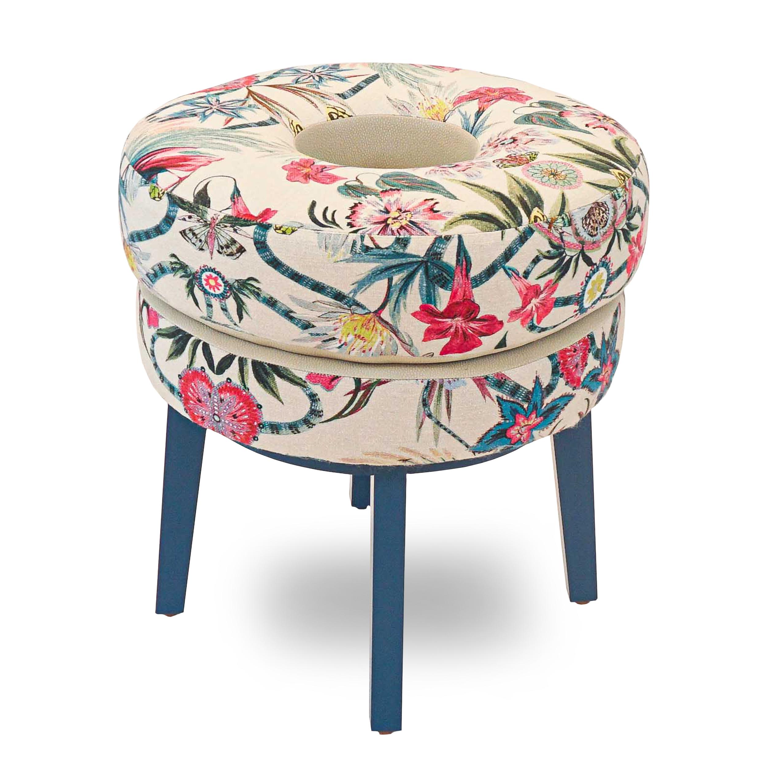Modern Floral Print Small Round Stool For Sale