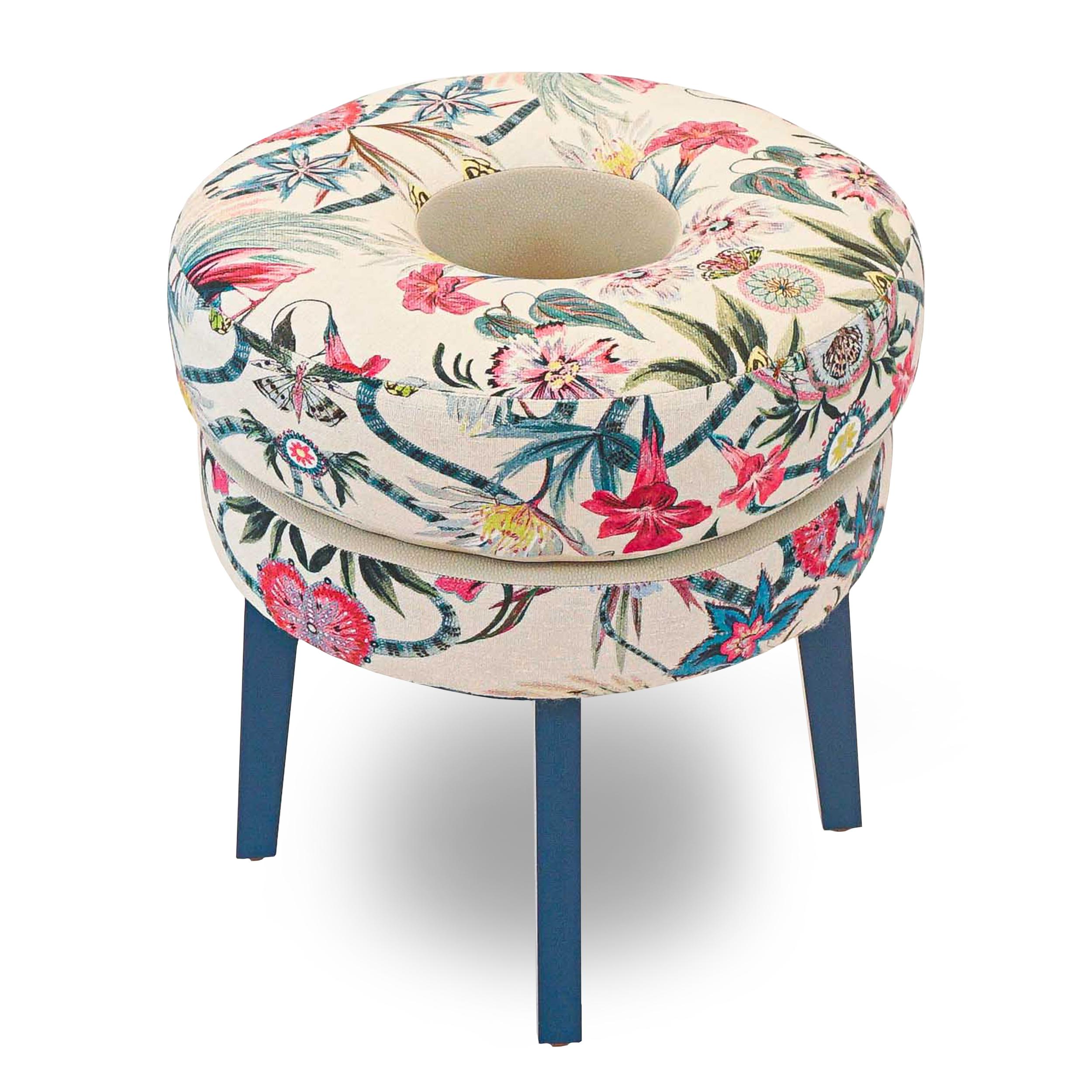 American Floral Print Small Round Stool For Sale