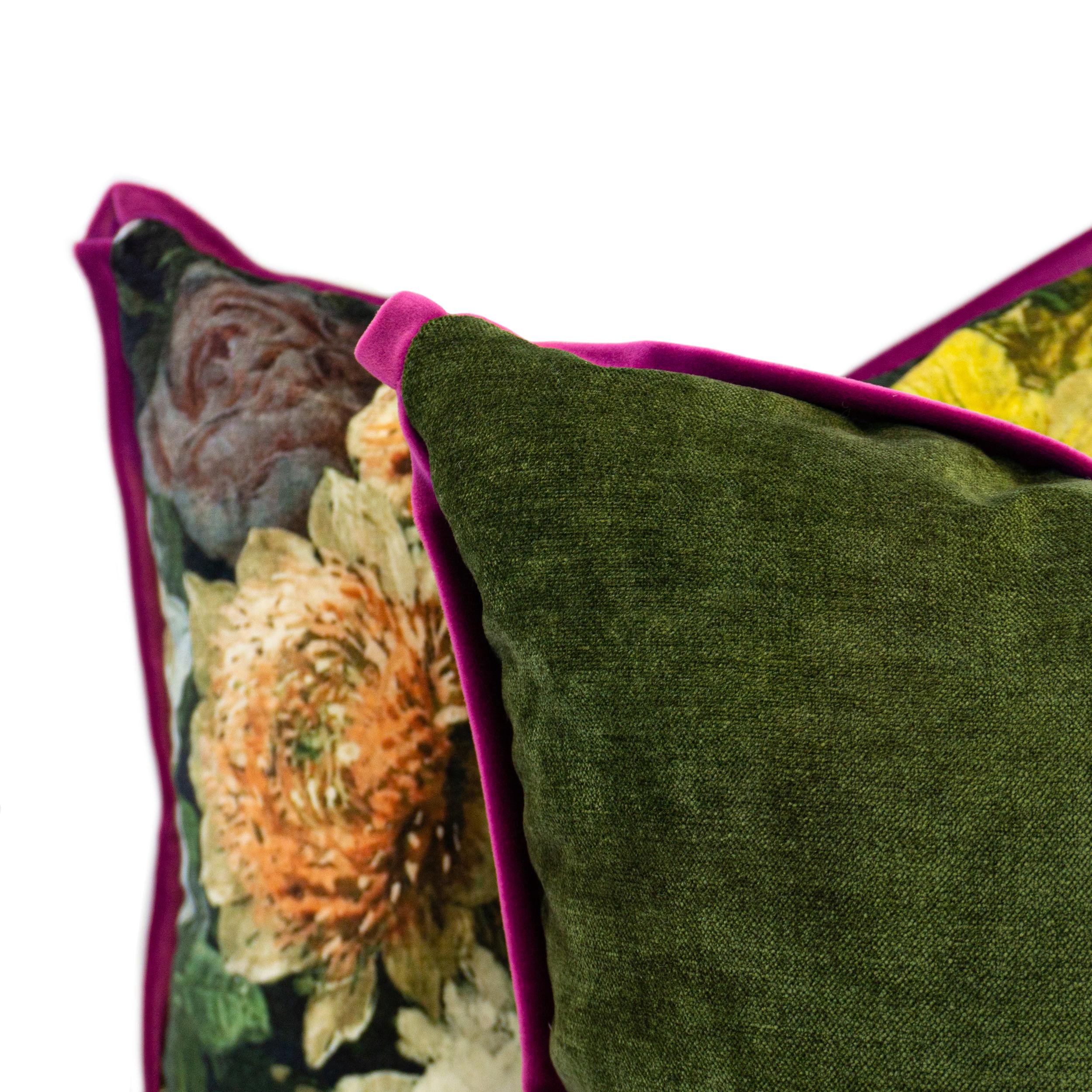 Modern Floral Printed Dark Green Velvet Purple Trim Square Pillows For Sale