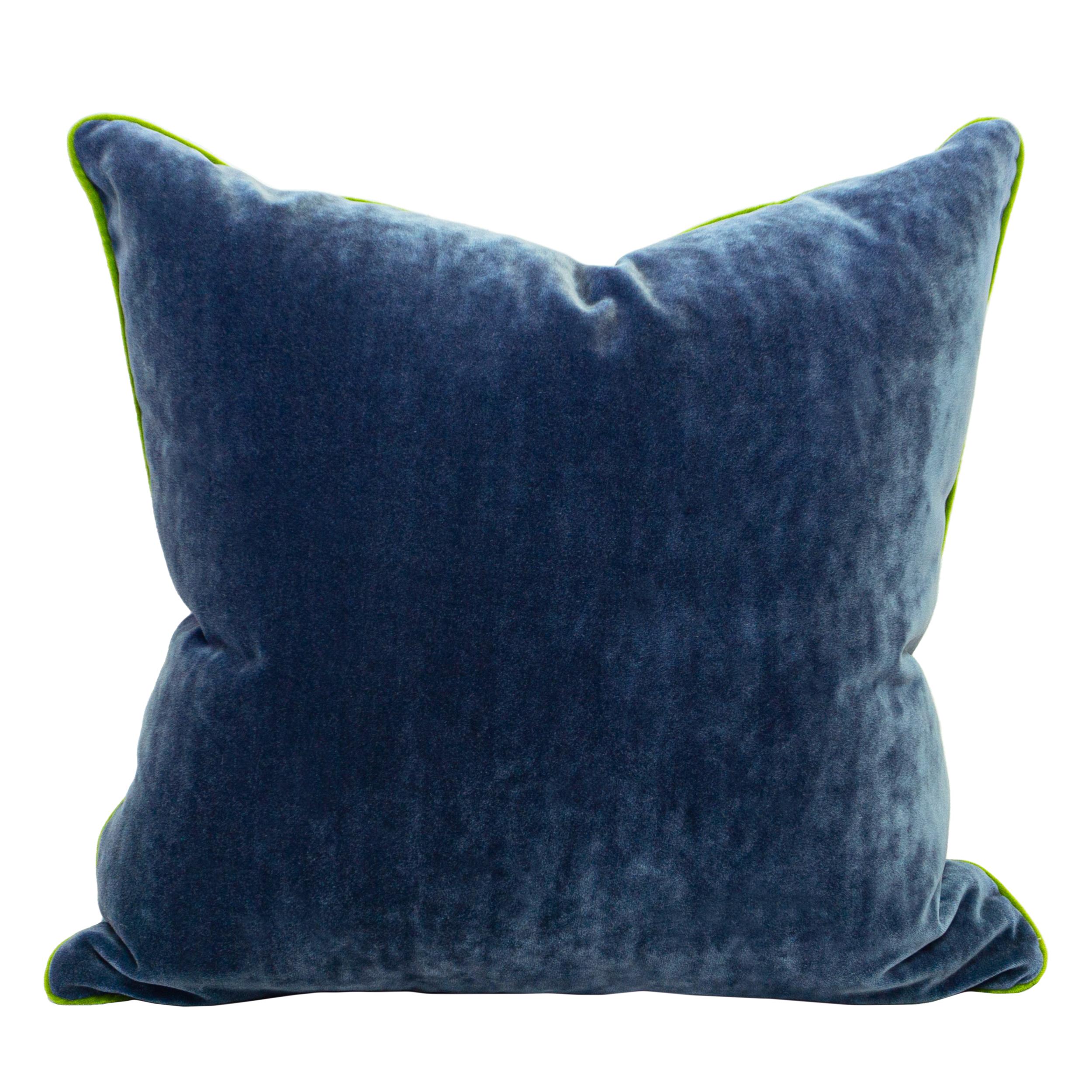 American Floral Printed Linen Blue Velvet Green Trim Square Pillow For Sale
