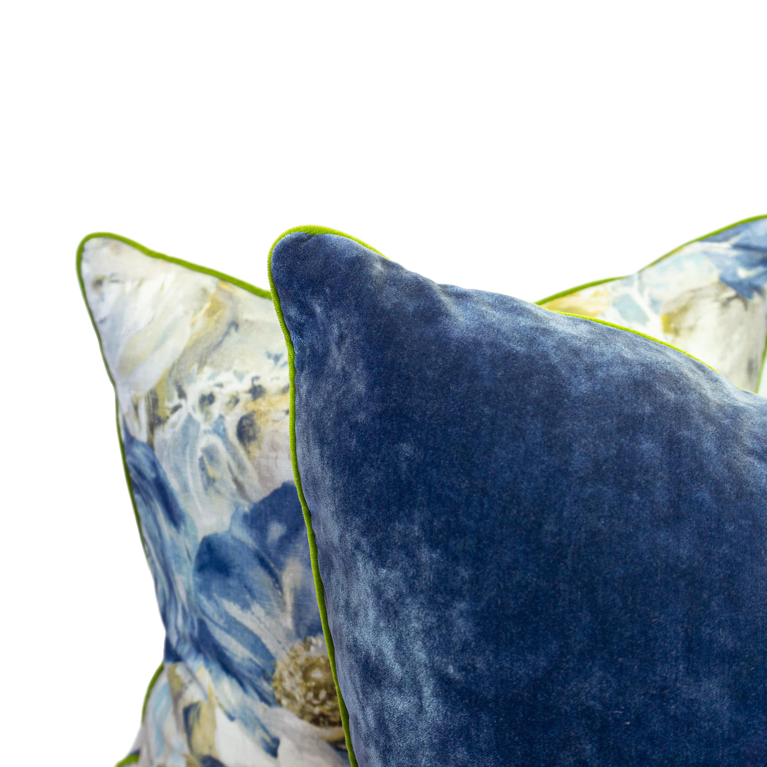 Contemporary Floral Printed Linen Blue Velvet Green Trim Square Pillow For Sale