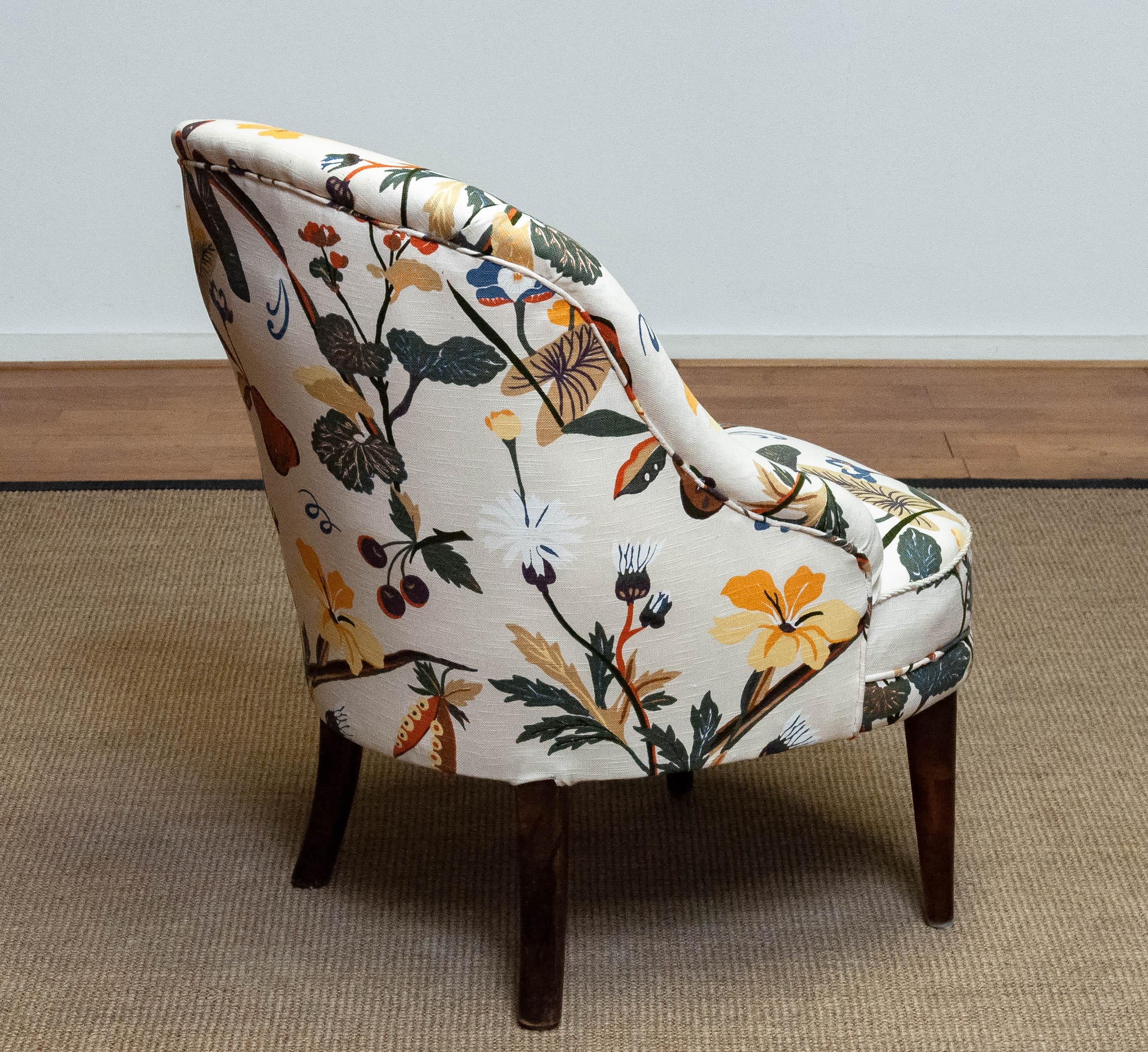 Mid-20th Century Floral Printed Linen, J. Frank Style, Danish Antique Slipper Chair. 1940s For Sale