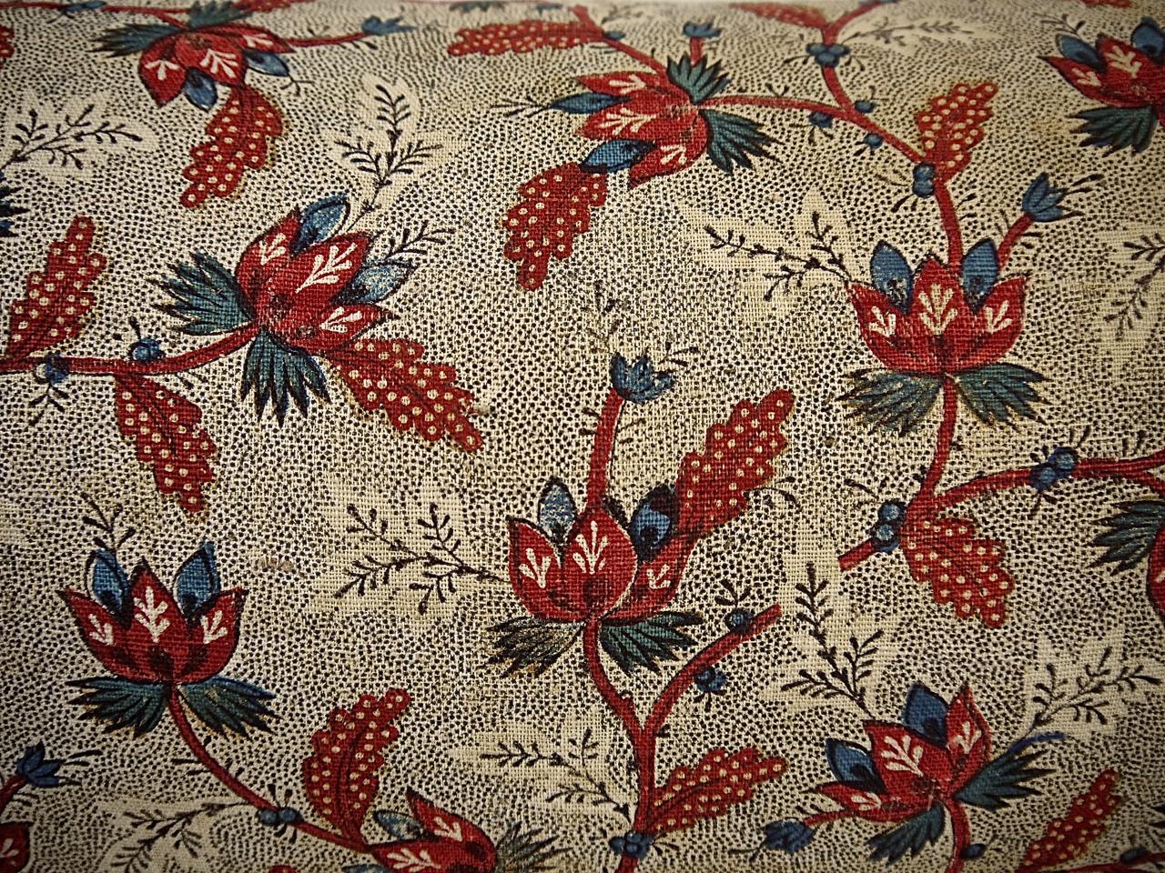 French Provincial Floral Red Blue Blockprinted Pillow French, 18th Century