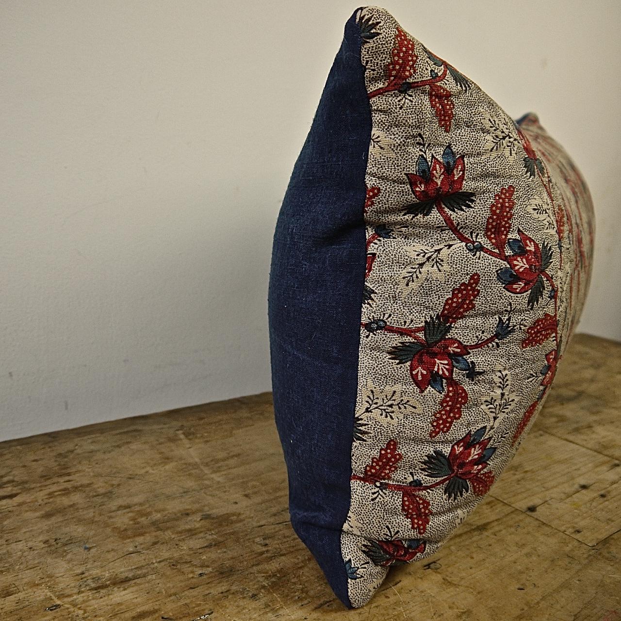 Quilted Floral Red Blue Blockprinted Pillow French, 18th Century