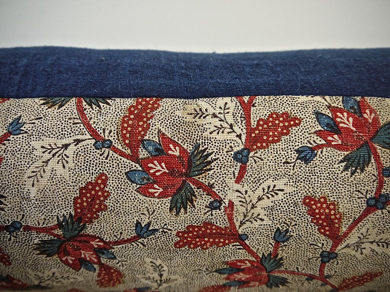 Linen Floral Red Blue Blockprinted Pillow French, 18th Century