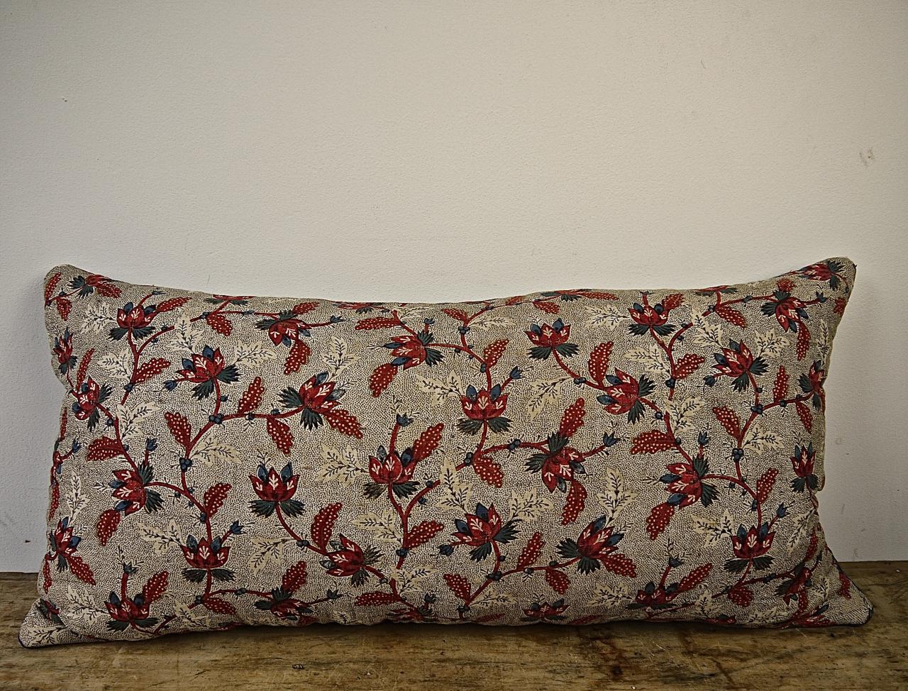 Floral Red Blue Blockprinted Pillow French, 18th Century 3