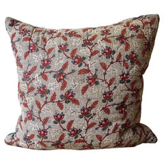 Floral Red Blue Blockprinted Pillow French 18th Century