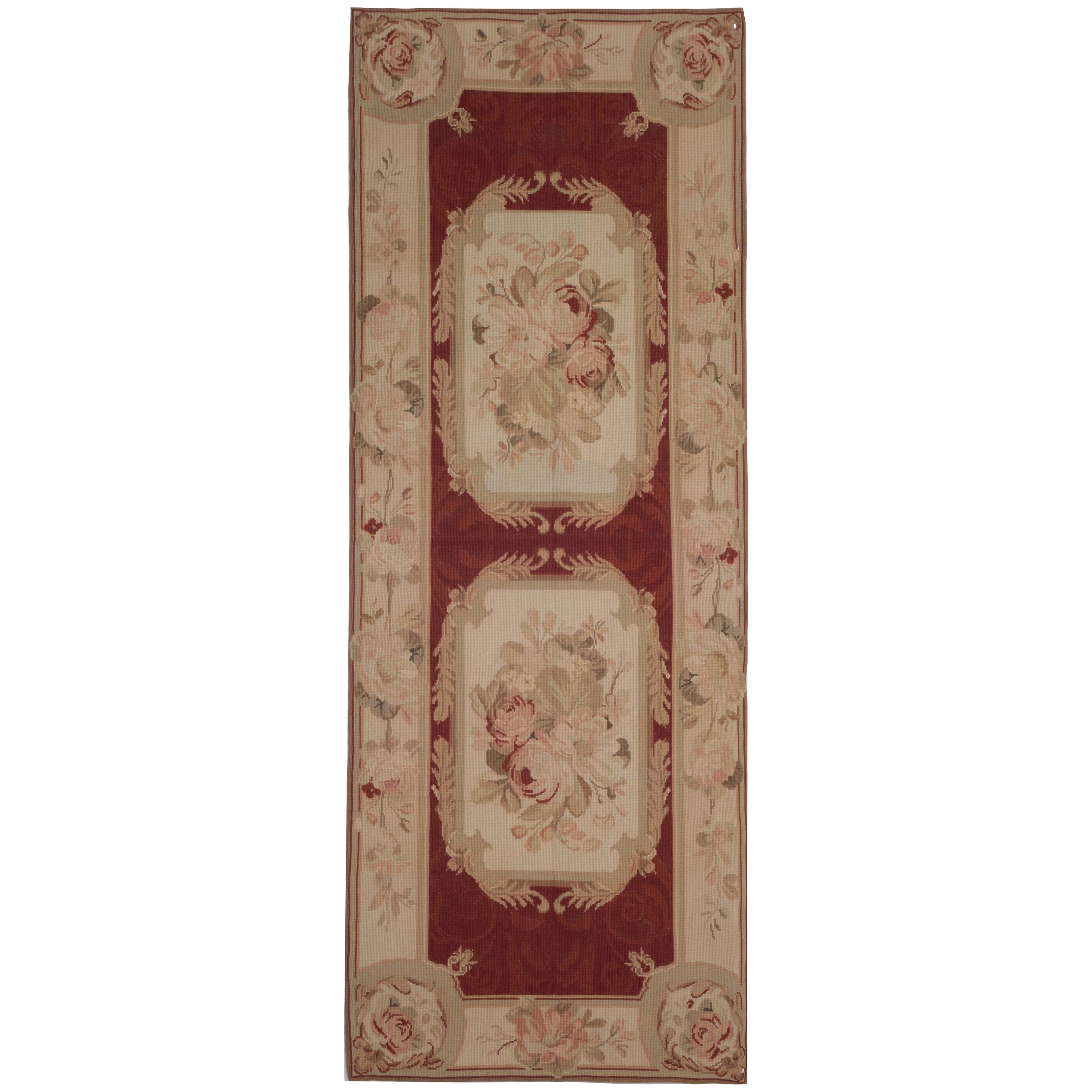 Floral Red Hand Made Carpet Medallion Aubusson Style Rugs, Needlepoint 