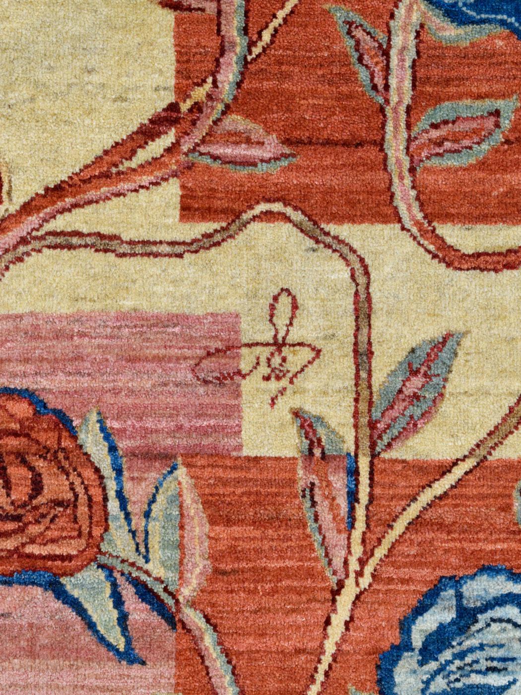 Arts and Crafts Tapis persan Orley Shabahang en laine rouge, rose, bleu et crème à motifs floraux, 4 x 6 pieds en vente