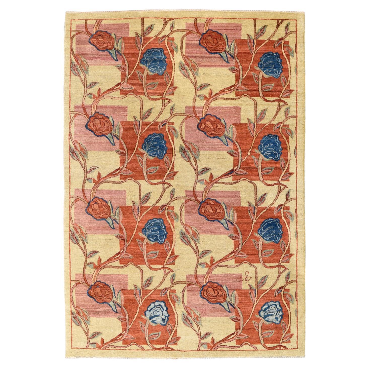 Tapis persan Orley Shabahang en laine rouge, rose, bleu et crème à motifs floraux, 4 x 6 pieds en vente
