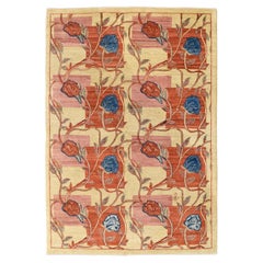 Tapis persan Orley Shabahang en laine rouge, rose, bleu et crème à motifs floraux, 4 x 6 pieds