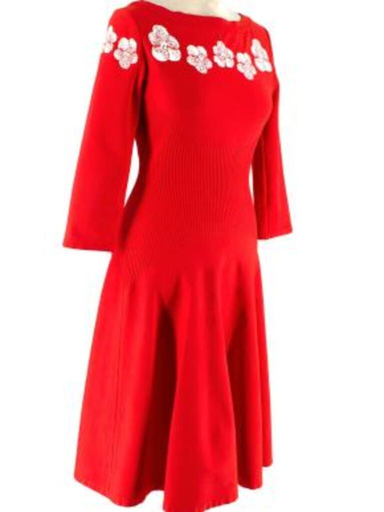 Floral Red Stretch Knit Skater Dress In Excellent Condition For Sale In London, GB