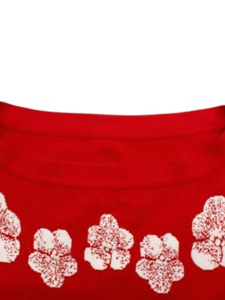Floral Red Stretch Knit Skater Dress For Sale 1