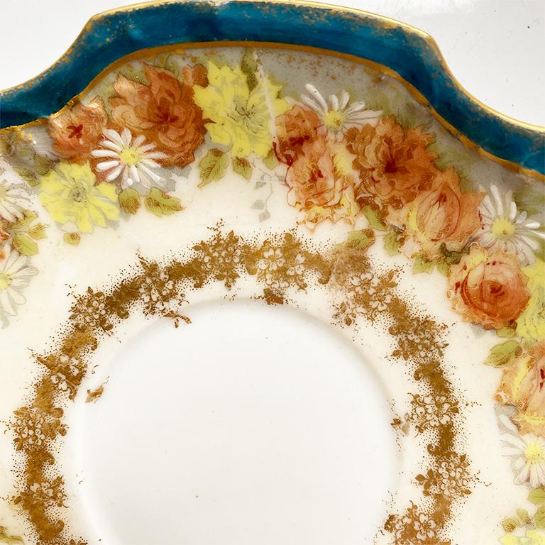 French Floral Rich Blue Limoges Ceramic Coiffe Saucer, Limoges, France, 1800s For Sale