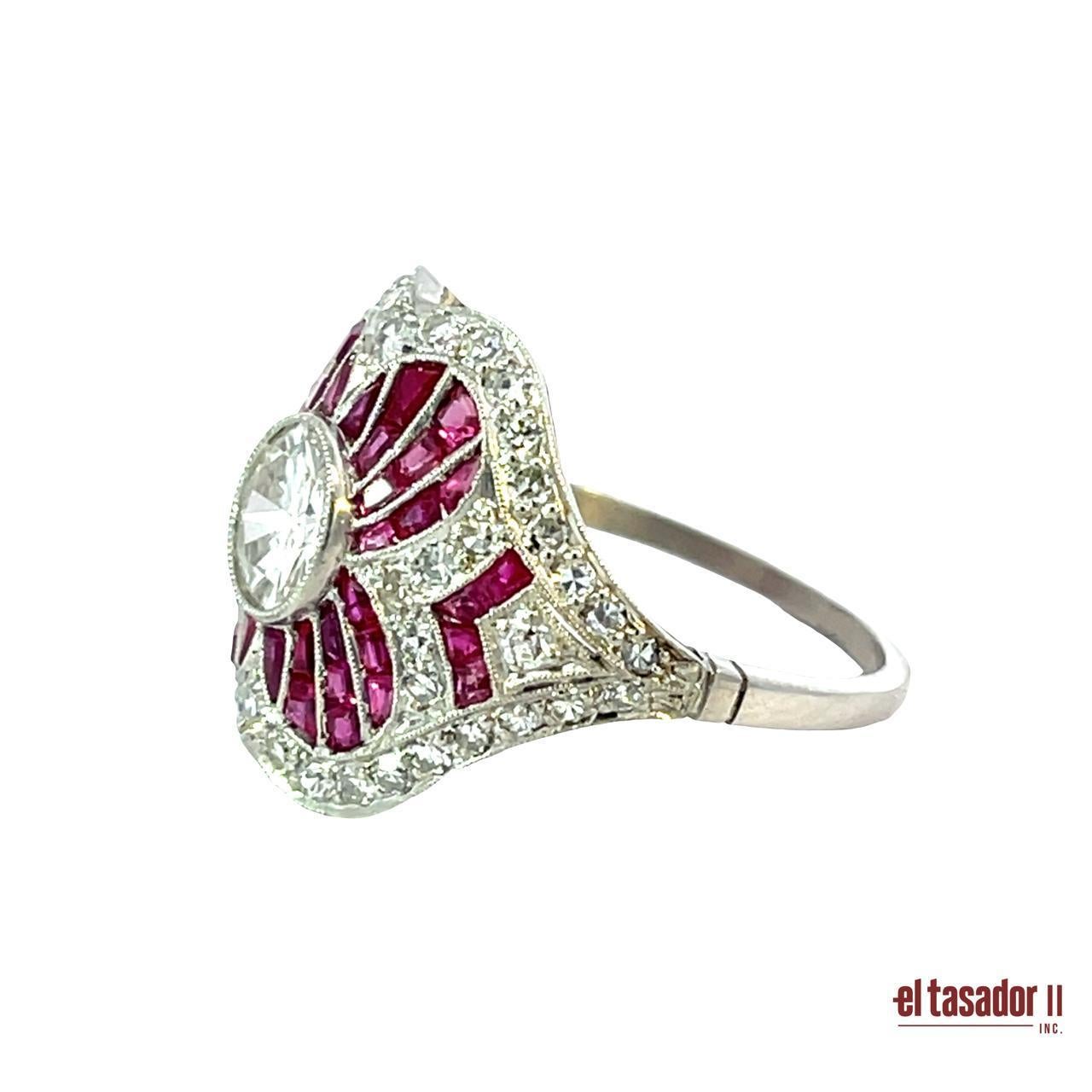 Brilliant Cut Floral ring 6.9 grams of platinum, diamonds and rubies For Sale