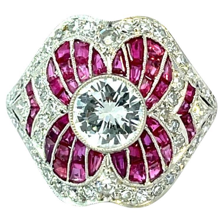 Floral ring 6.9 grams of platinum, diamonds and rubies For Sale