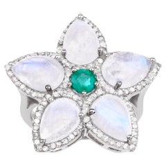 Floral Ring Emerald Rainbow Moonstones Diamonds 8.69 Carats