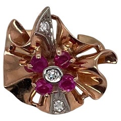 Anello floreale, zaffiro rosa, oro rosa 14kt