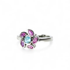 Floral Ring with Natural Pink Rubies and Blue Topaz