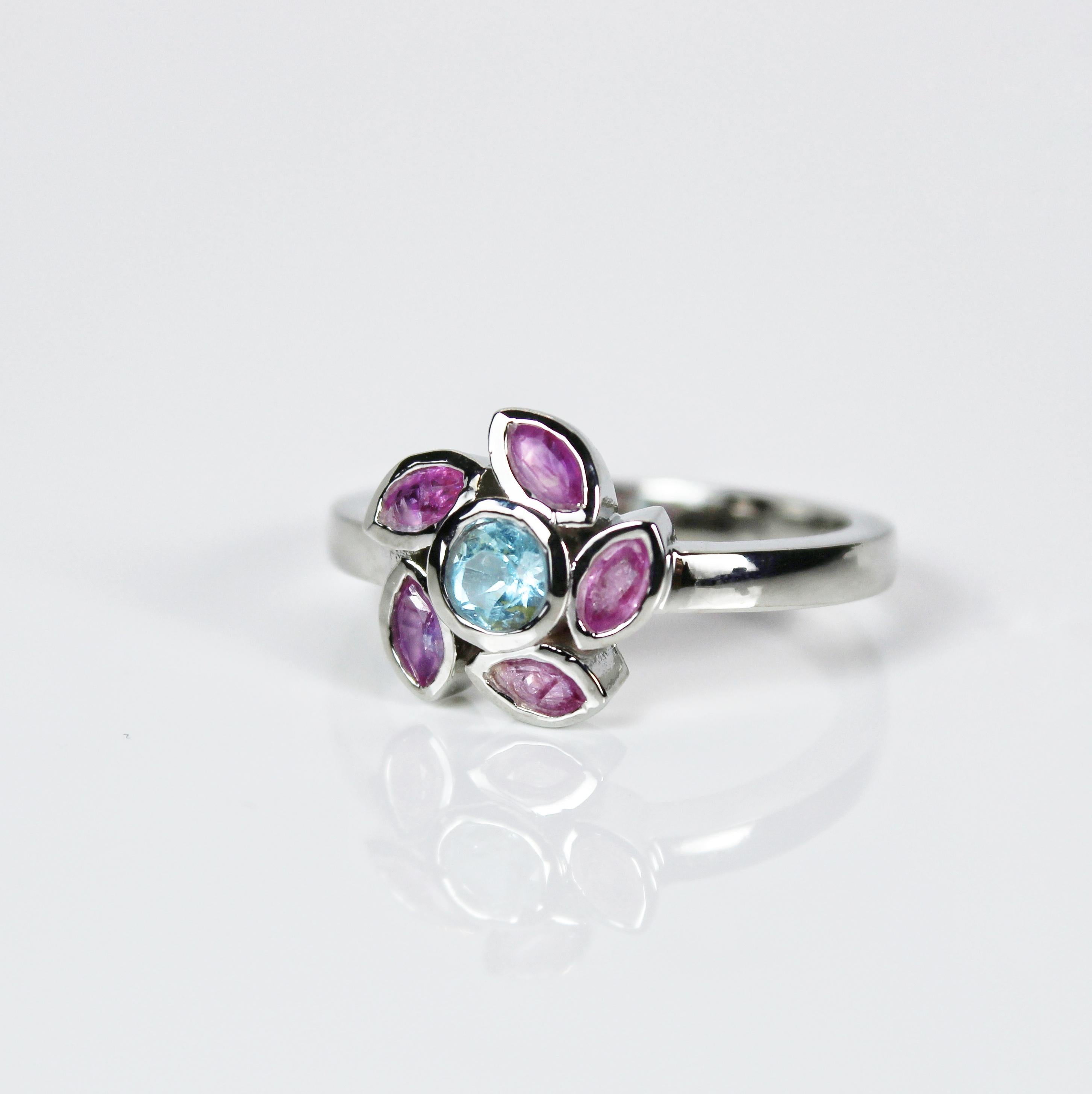 Marquise Cut Floral Ring with Natural Pink Rubies and Blue Topaz For Sale