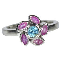 Floral Ring with Natural Pink Rubies and Blue Topaz