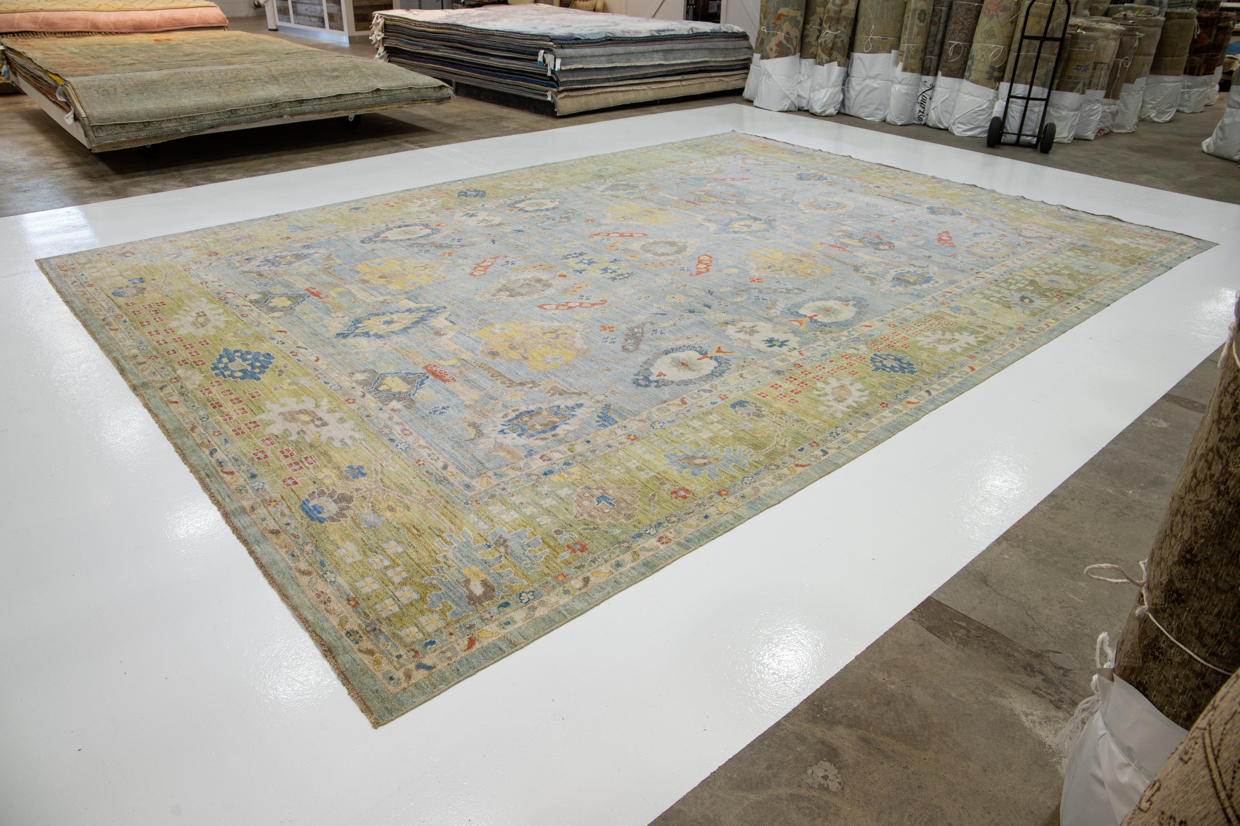 Persian Floral Room Size Light Blue Modern Sultanabad Wool Rug For Sale
