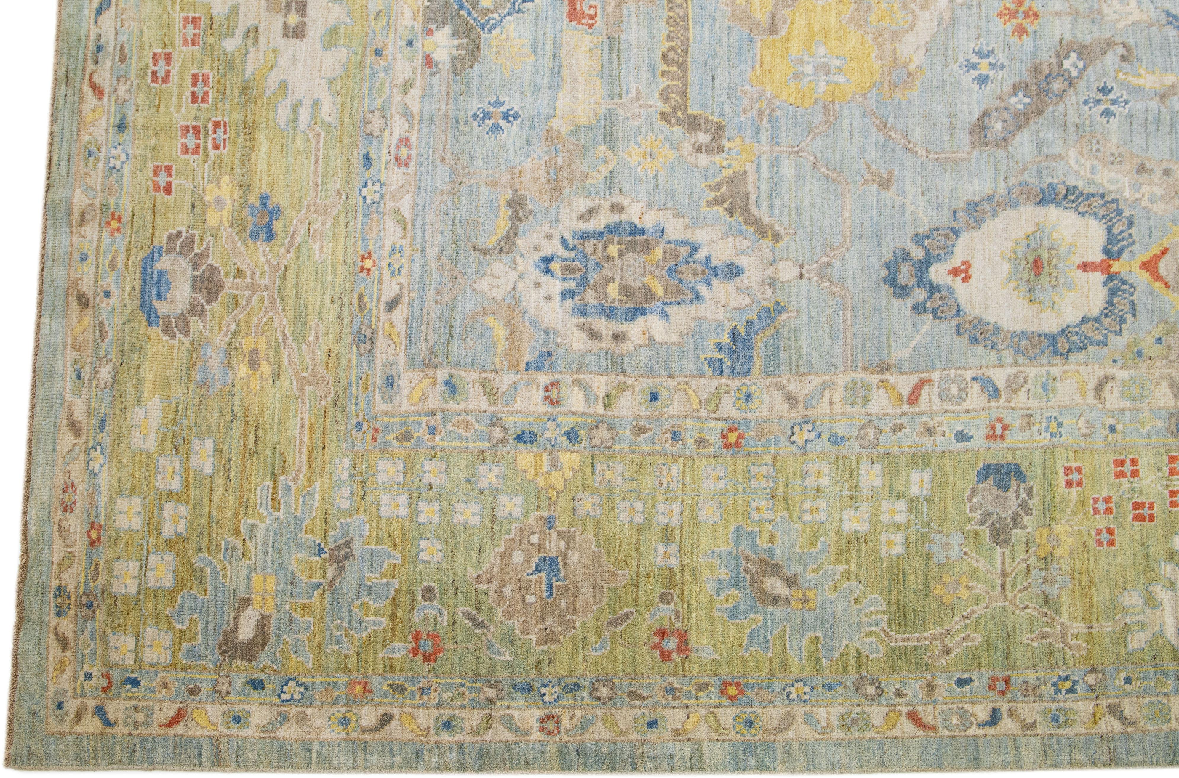 Hand-Knotted Floral Room Size Light Blue Modern Sultanabad Wool Rug  For Sale