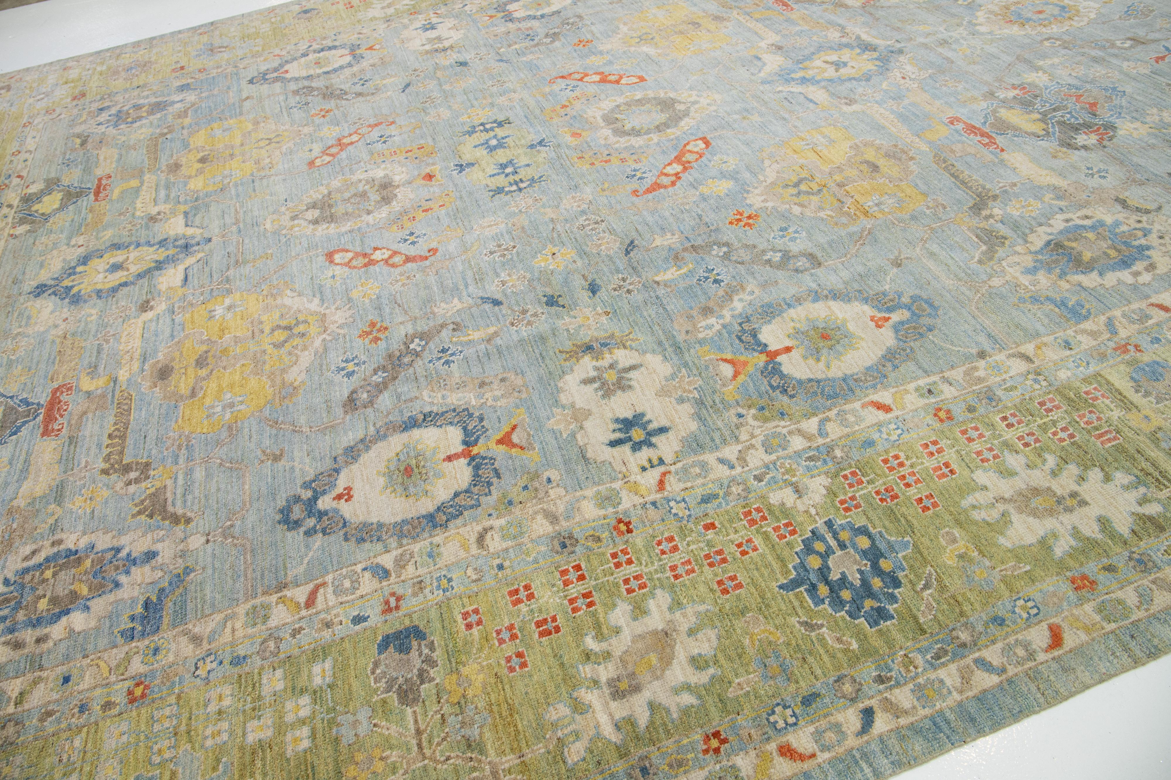 Floral Room Size Light Blue Modern Sultanabad Wool Rug For Sale 2