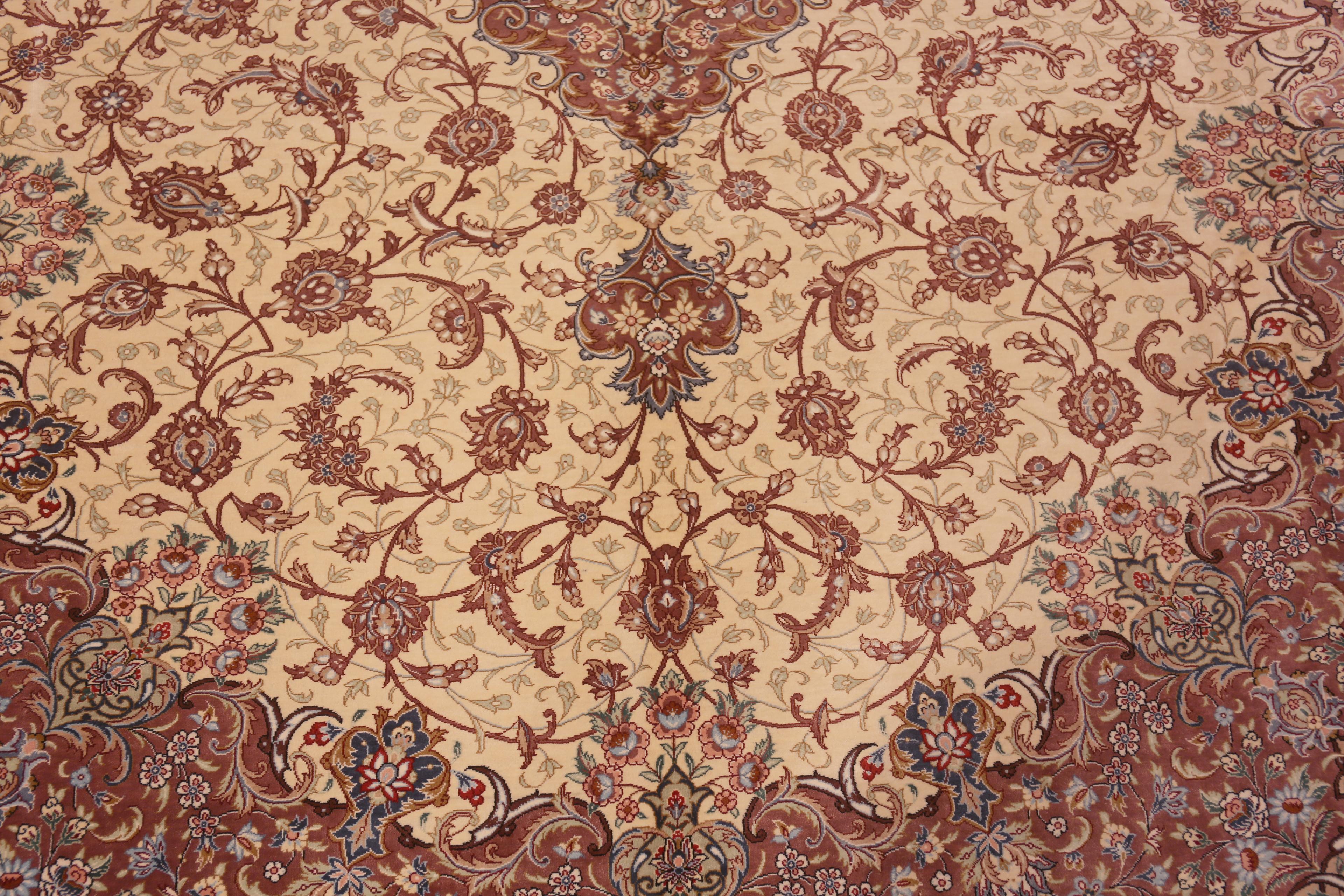 Fine Floral Room Size Vintage Luxurious Silk Persian Qum Medallion Rug, country of origin: Persian Rugs, Circa date: Vintage 