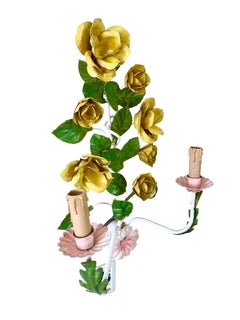 Floral Rose wall light Bright Boho Glamour Tole hand paint Metal , Italy 1960s