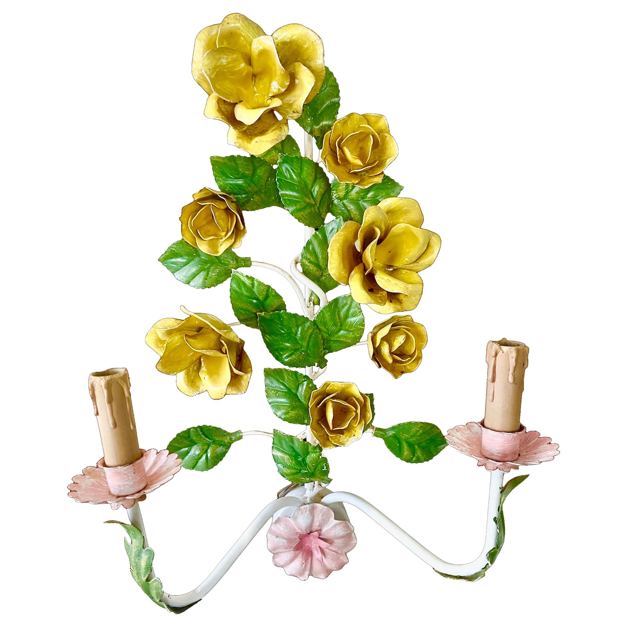Floral Rose wall light Bright Boho Glamour Tole hand paint Metal , Italy 1960s