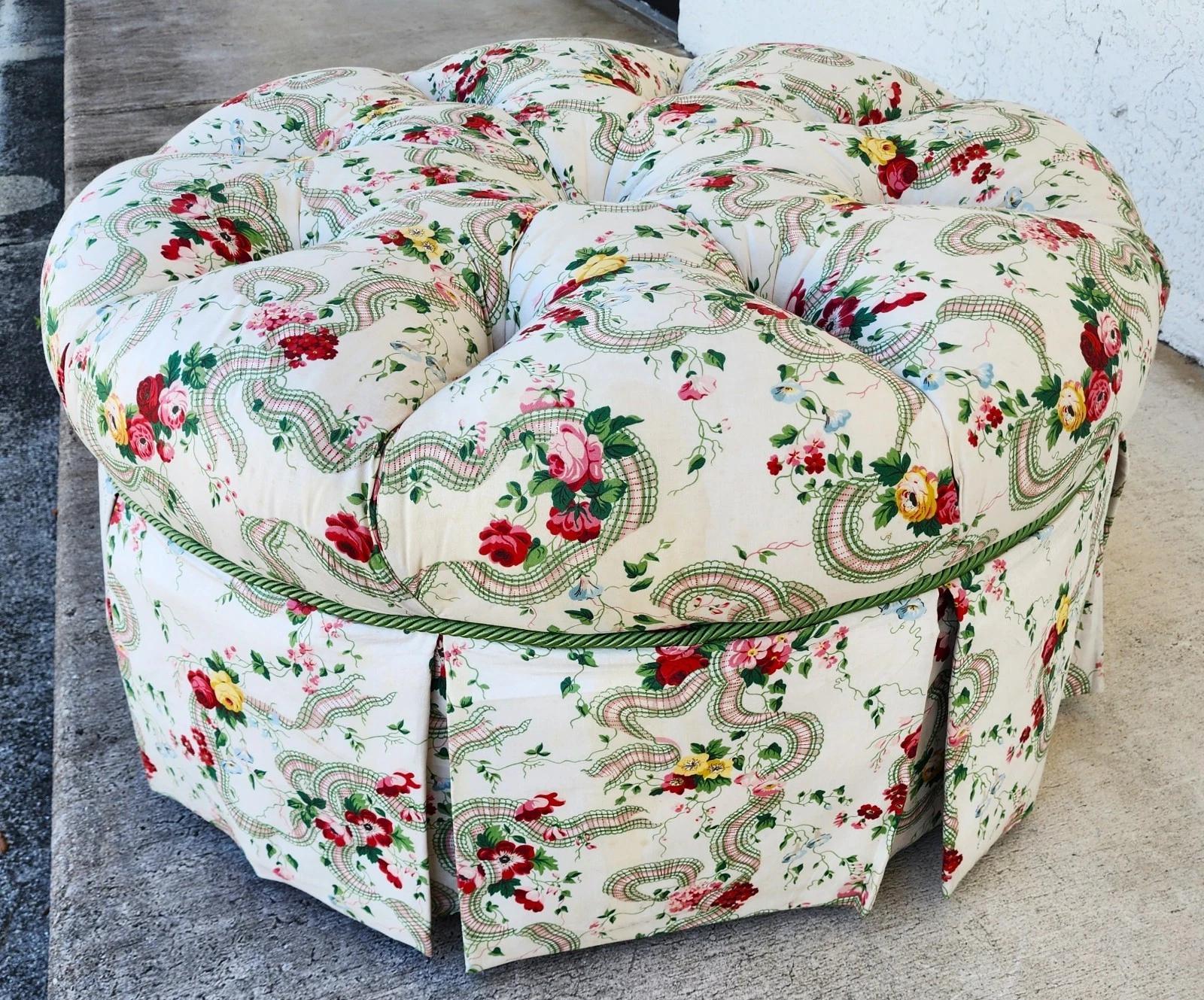 Cotton Floral Roses Ottoman Tufted Round For Sale