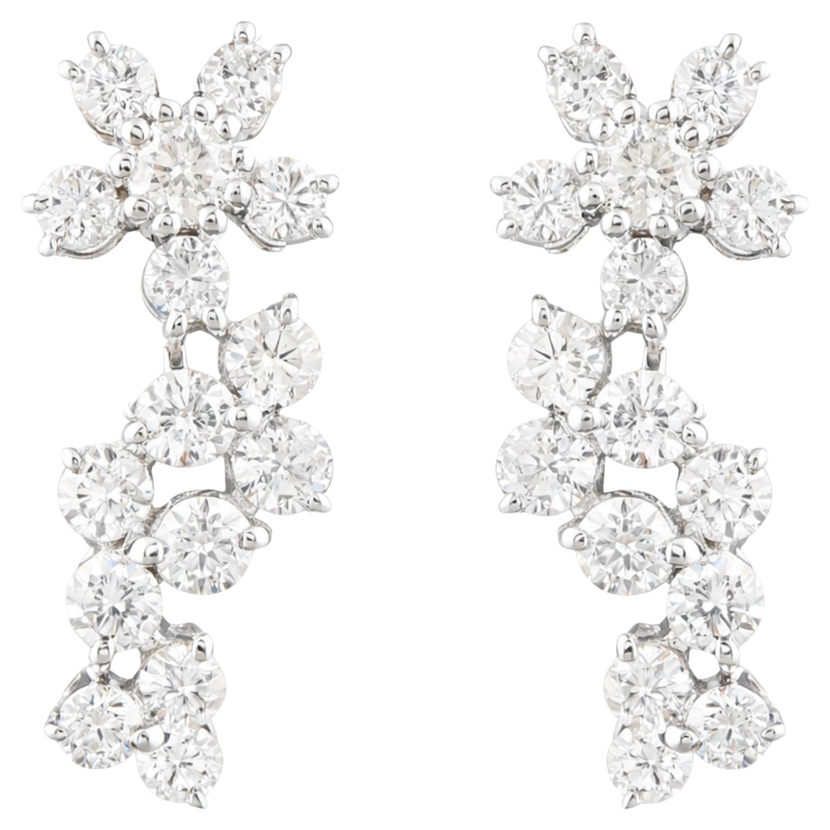 Natural Diamond Floral Cascade Drop Earrings in 18K White Gold 1.15 Carats