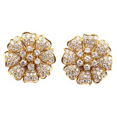 Floral Round Brilliant Cut Diamond Yellow Gold Ear Clips