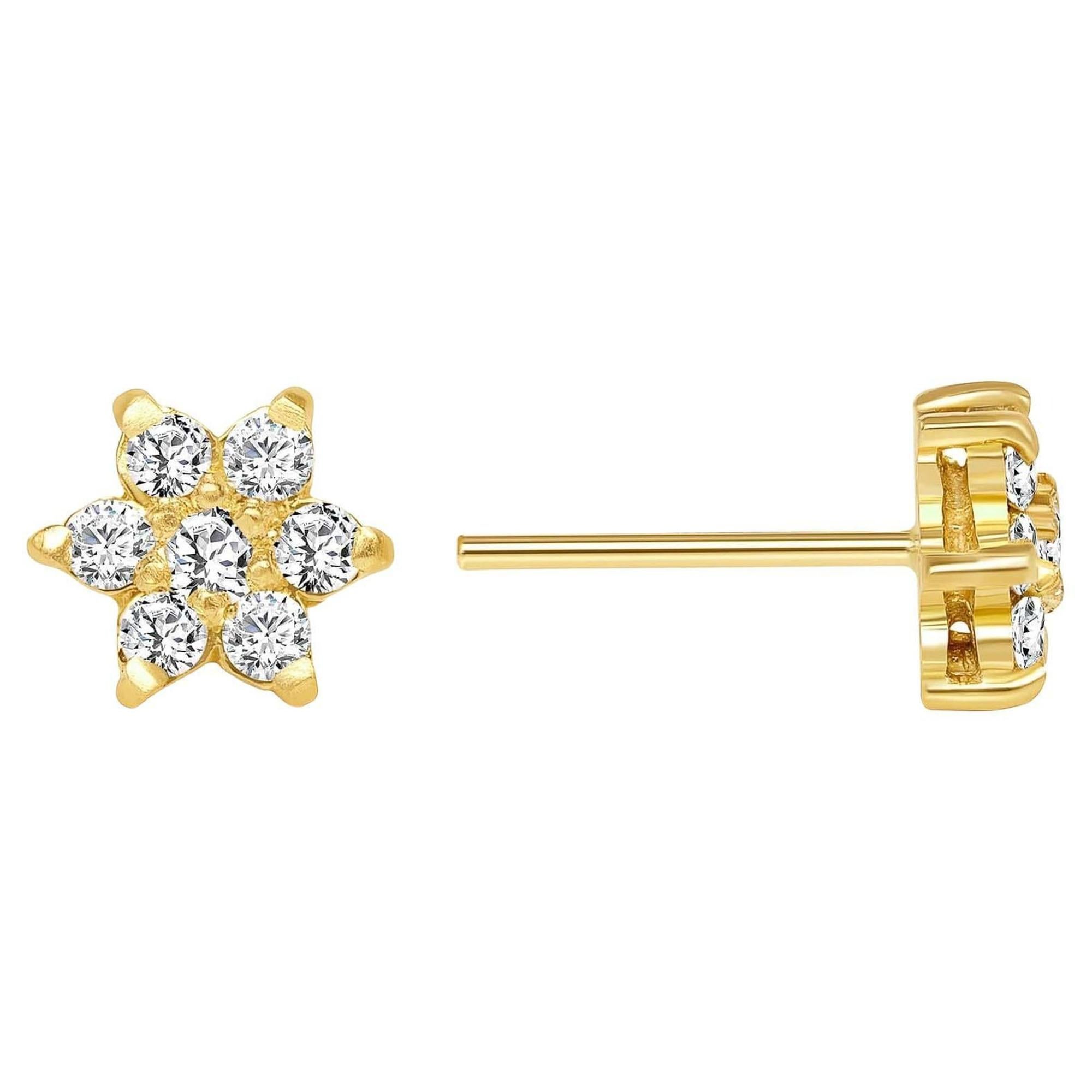 Clous d'oreilles en or jaune 14 carats avec diamants ronds à fleurs