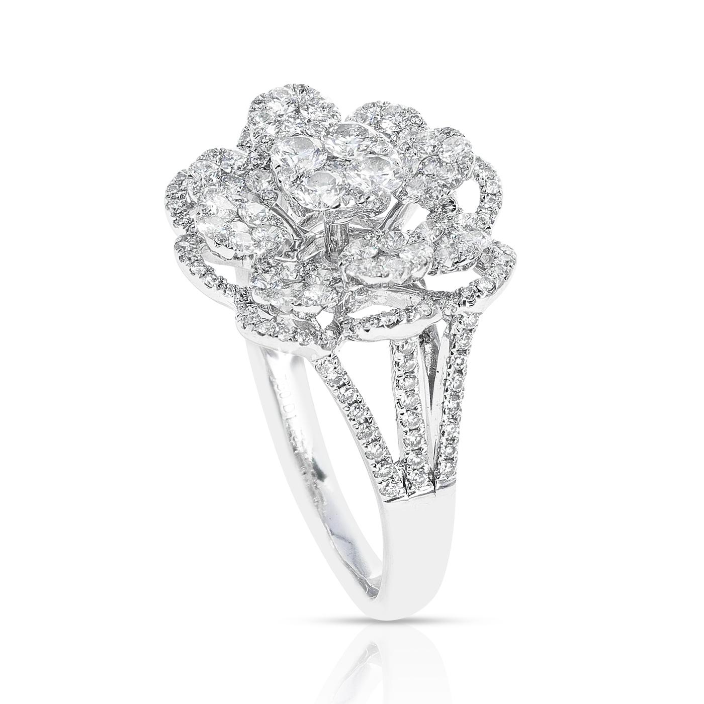 Round Cut Floral Round Diamonds Cocktail Ring, 18K White Gold For Sale
