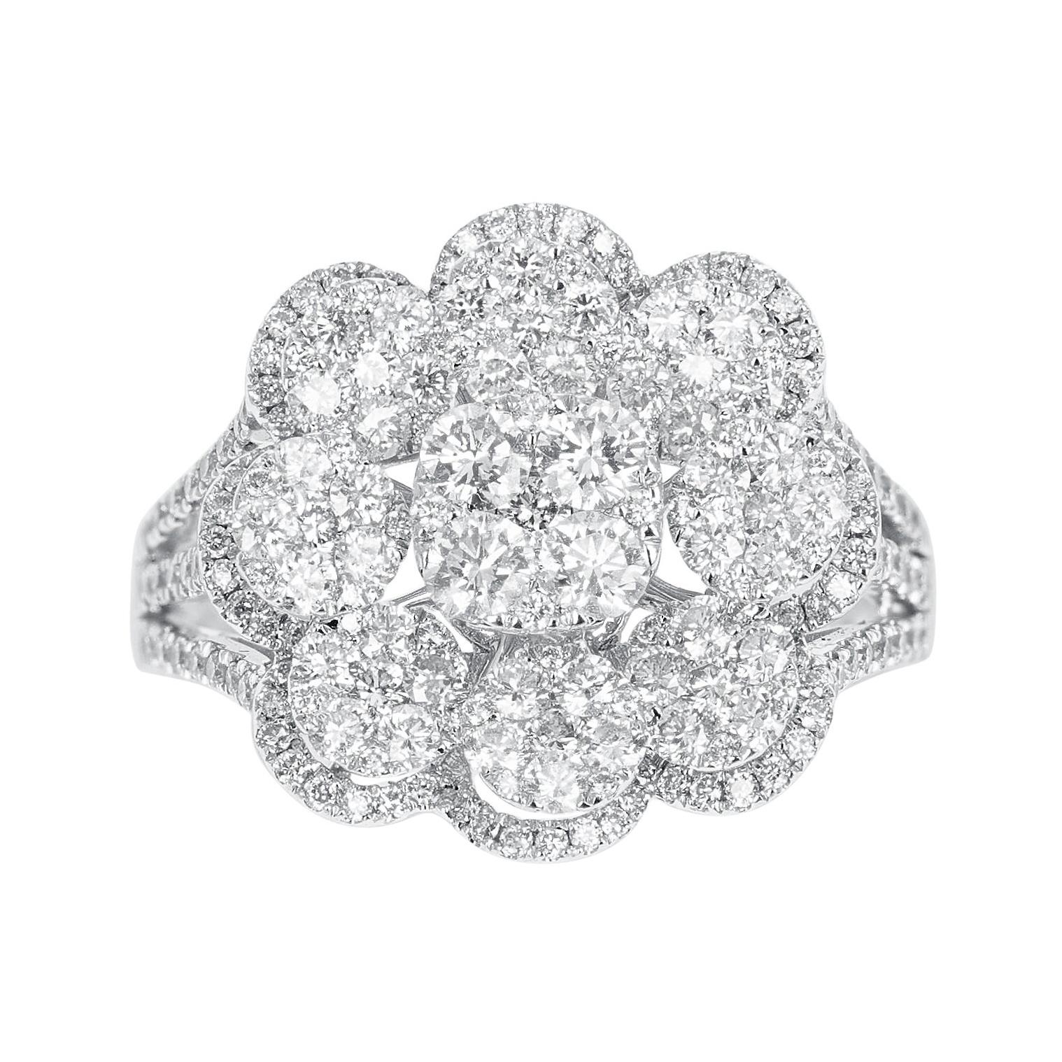 Floral Round Diamonds Cocktail Ring, 18K White Gold For Sale