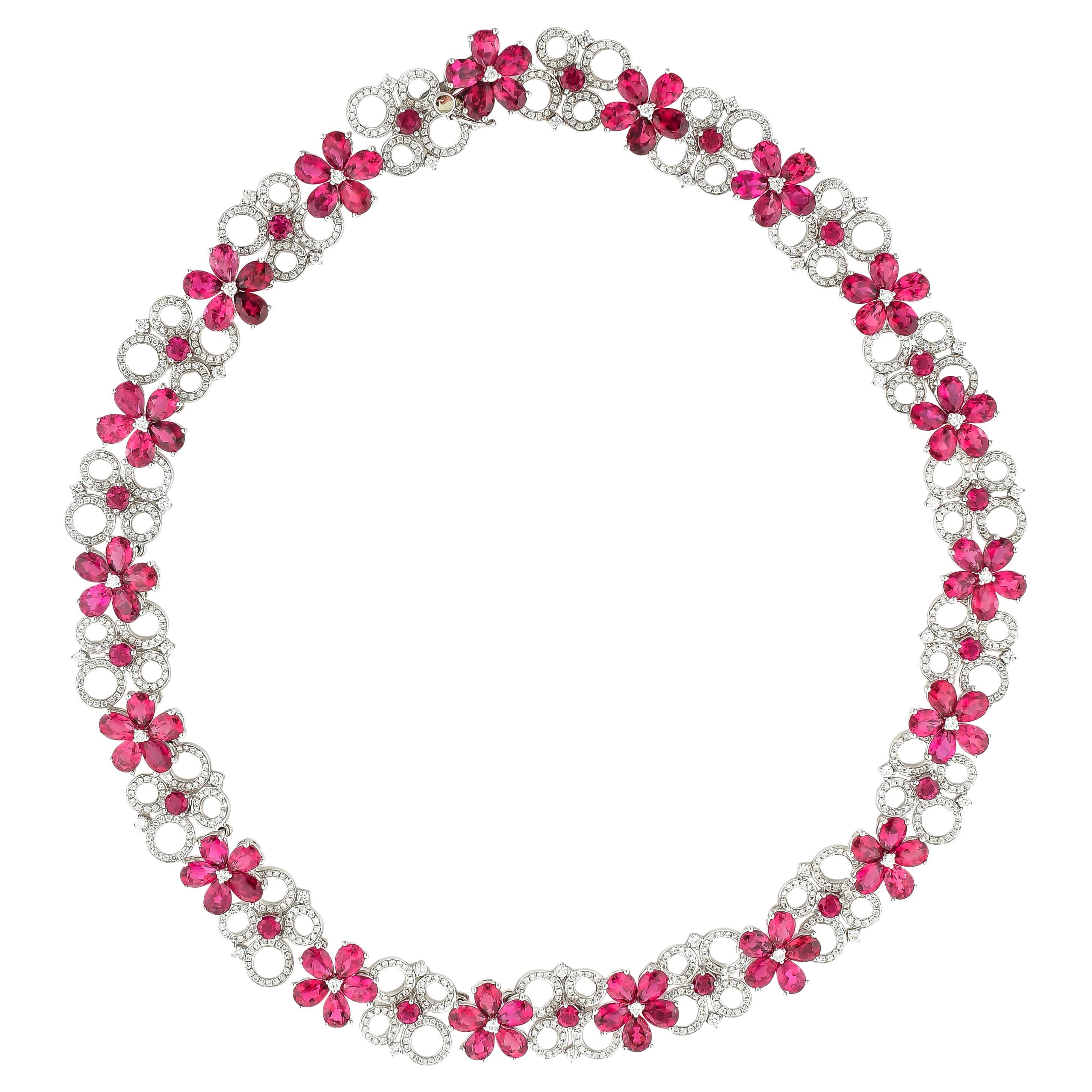 Floral Rubelite Necklace with Diamond in 18 Karat Gold