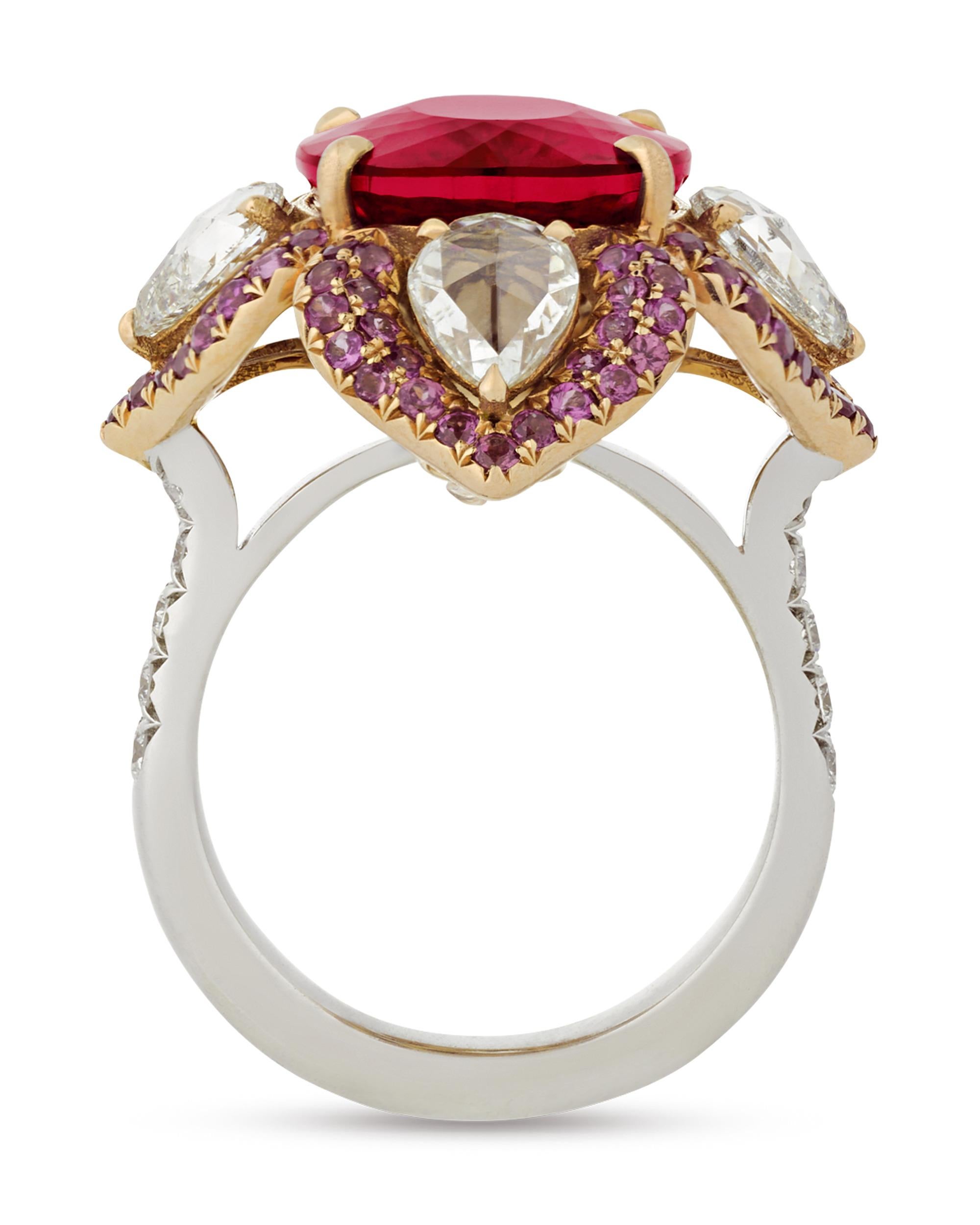 Modern Floral Rubellite Tourmaline Ring, 9.41 Carats For Sale