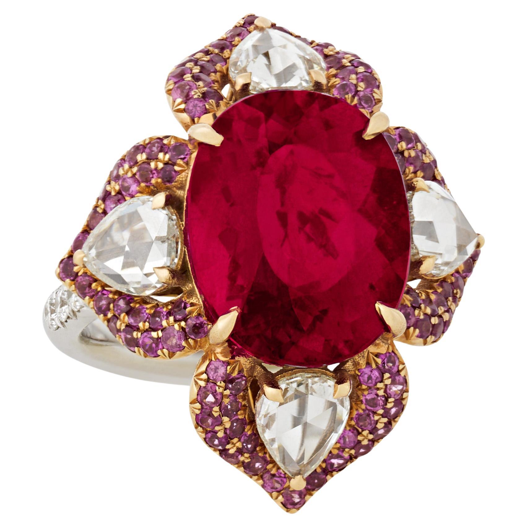 Floral Rubellite Tourmaline Ring, 9.41 Carats For Sale
