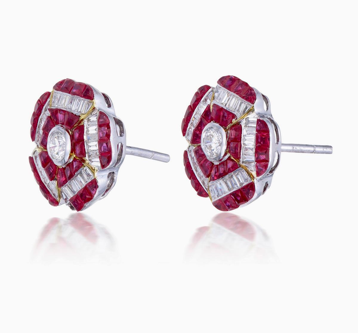 Mixed Cut Floral Ruby and Diamond Earrings Studs in 18 Karat White Gold For Sale
