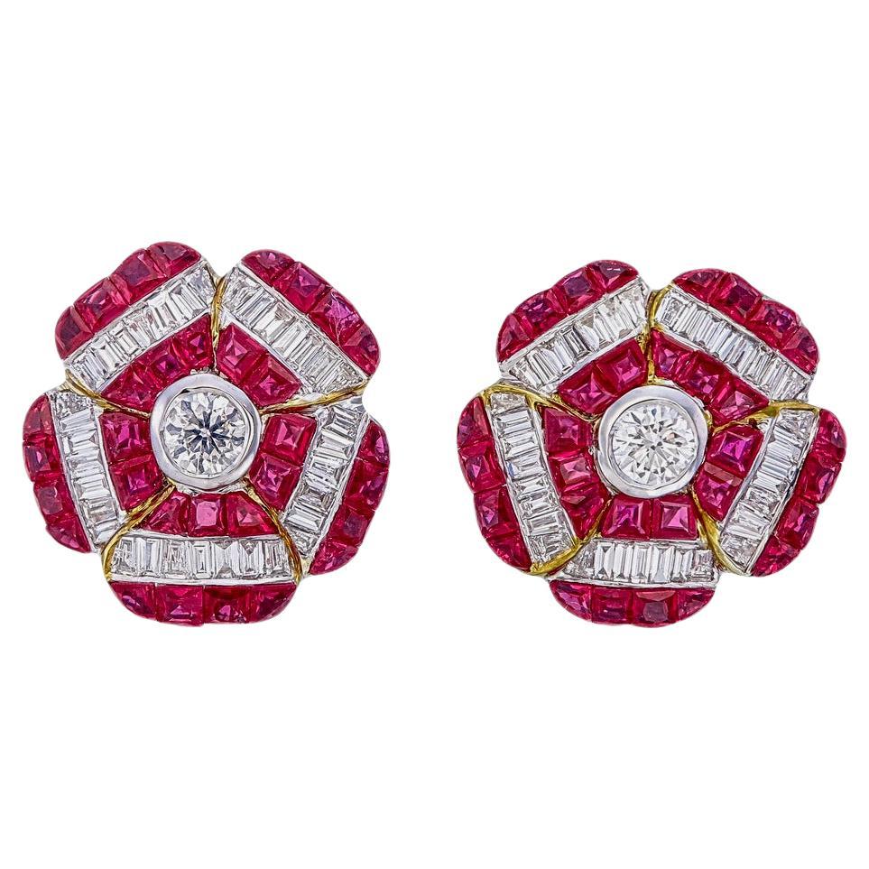 Floral Ruby and Diamond Earrings Studs in 18 Karat White Gold For Sale