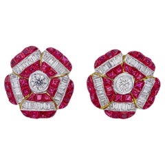 Floral Ruby and Diamond Earrings Studs in 18 Karat White Gold